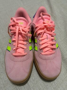 adidas Women's Pink Sneakers with Neon Green Stripes